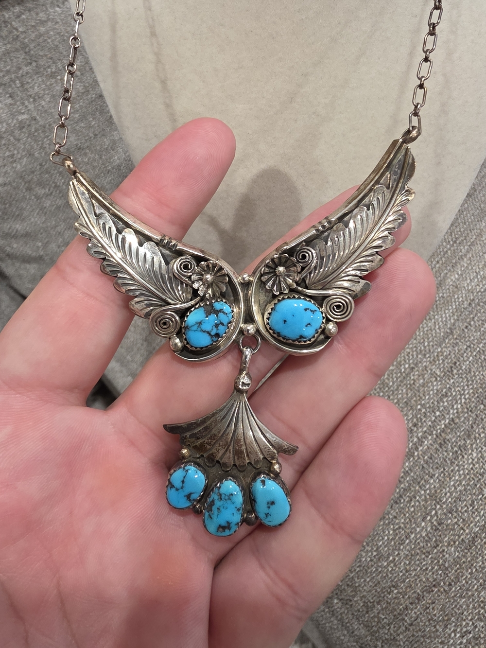 Turquoise Stone Silver Wing Pendant Necklace - Women Jewelry